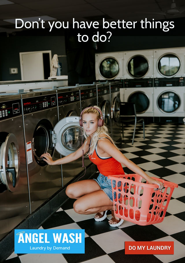 pretty girl in a laundromat doing her laundry as caption above her reads Don't you have better things to do?