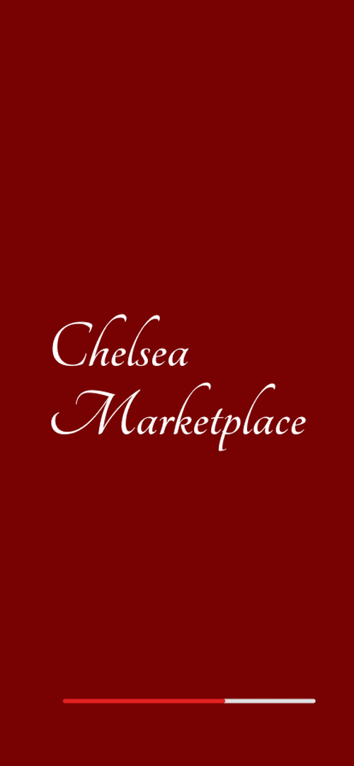 red intro mobile screen with Chelsea Marketplace written in Tangerine font